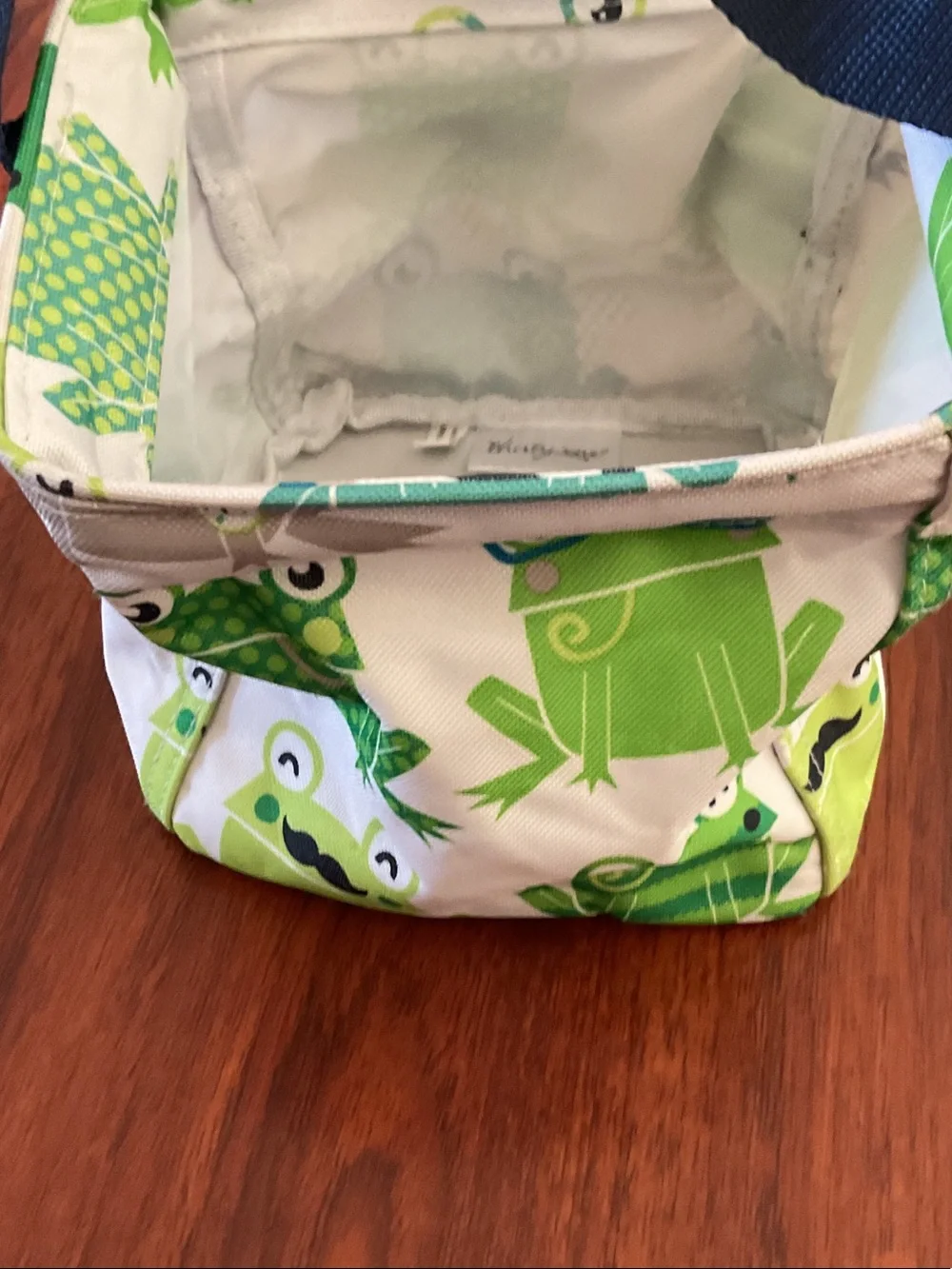 thirty-one Green & Navy Frog Print Organizer Pouch approximately 6” x 6”.